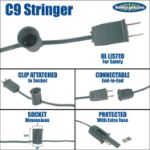 C9 25 Light String Set with Ceramic Green Bulbs on Brown Wire