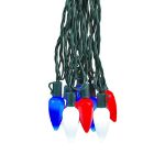 25 Red, White & Blue Ceramic LED C9 Pre-Lamped String Lights Green Wire