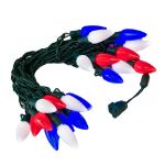 25 Red, White & Blue Ceramic LED C9 Pre-Lamped String Lights Green Wire