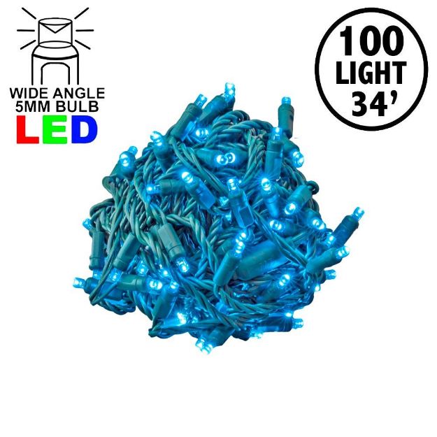 Commercial Grade Wide Angle 100 LED Teal 34' Long on Green Wire