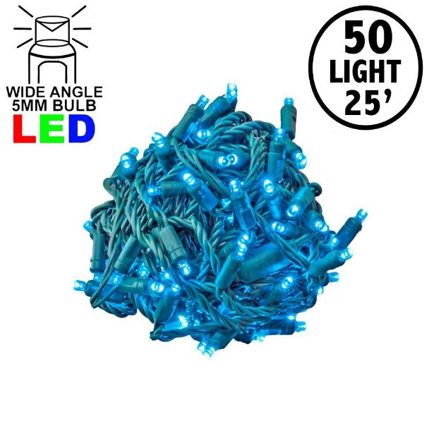 Commercial Grade Wide Angle 50 LED Teal 25' Long on Green Wire