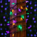 Purple Green and Yellow 70 LED C6 Strawberry Mini Lights Commercial Grade on Green Wire