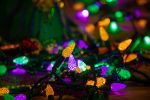 Purple Green and Yellow 70 LED C6 Strawberry Mini Lights Commercial Grade on Green Wire