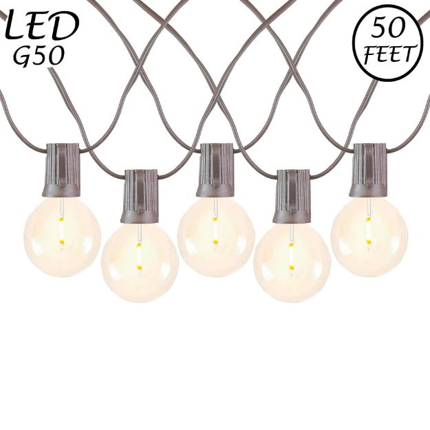 50 LED Filament G50 Globe String Light Set with Warm White Bulbs on Brown Wire