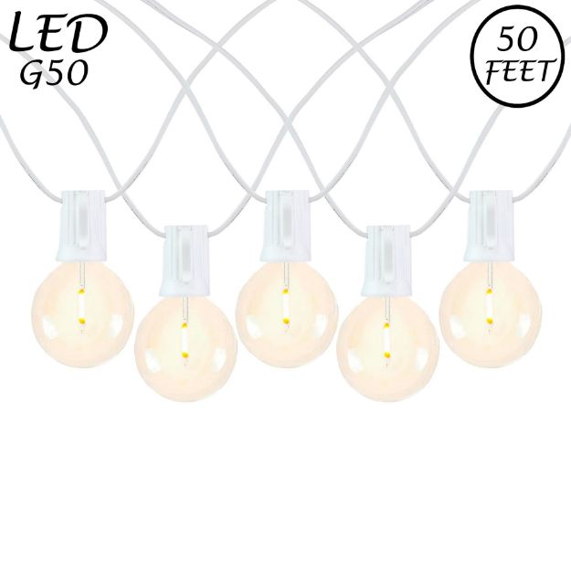 50 LED Filament G50 Globe String Light Set with Warm White Bulbs on White Wire