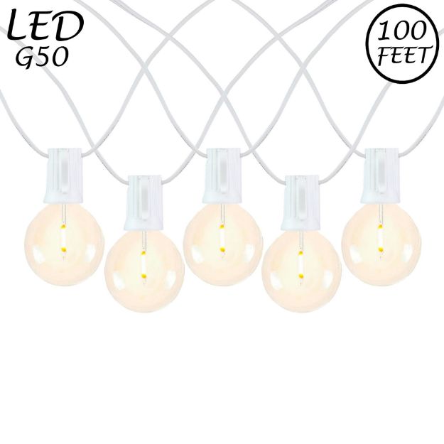 67 LED Filament G50 Globe String Light Set with Warm White Bulbs on White Wire