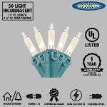 Clear 50 Light 11' Long Green Wire Christmas Mini Lights