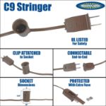C9 25 Light String Set with Clear Bulbs on Brown Wire