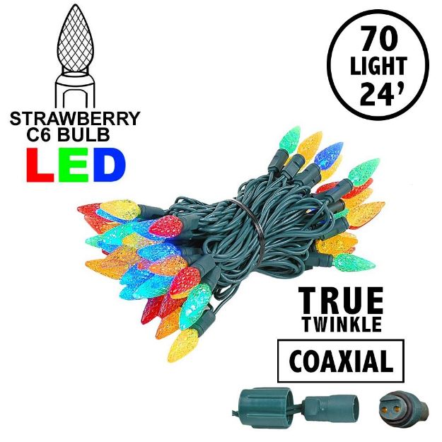 Coaxial *NEW* TrueTwinkle® Multi Color 70 LED C6 Strawberry Mini Lights Commercial Grade on Green Wire
