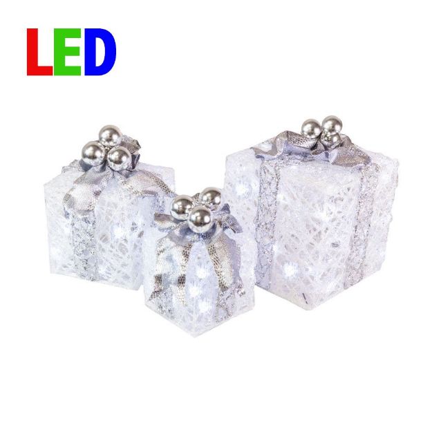 8 in., 10 in. & 12 in. Glittered White Gift Boxes with 70 Cool White Twinkle LED Lights (Set of 3)