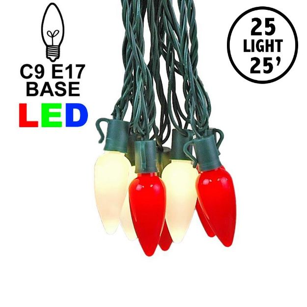 25 Red & Warm White Ceramic LED C9 Pre-Lamped String Lights Green Wire