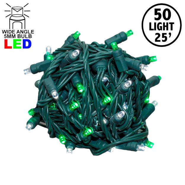 Commercial Grade Wide Angle 50 LED Green/Pure White White 25' Long on Green Wire