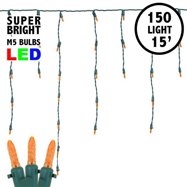 Orange (amber) LED Icicle Lights on Green Wire 150 Bulbs