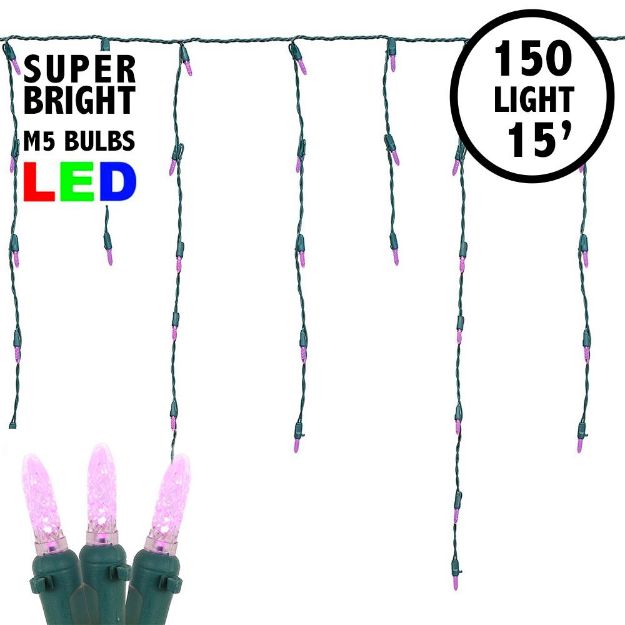 Pink LED Icicle Lights on Green Wire 150 Bulbs