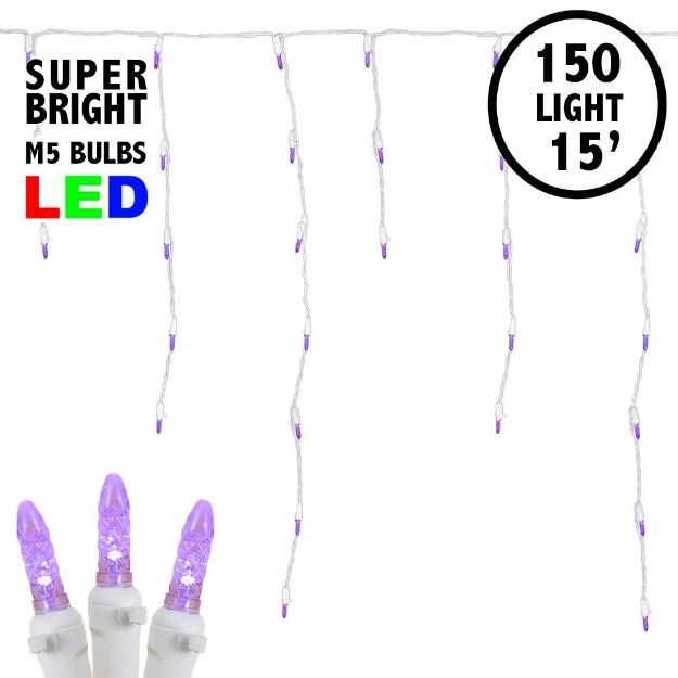 Purple LED Icicle Lights on White Wire 150 Bulbs