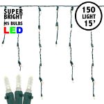 Warm White LED Icicle Lights on Green Wire 150 Bulbs