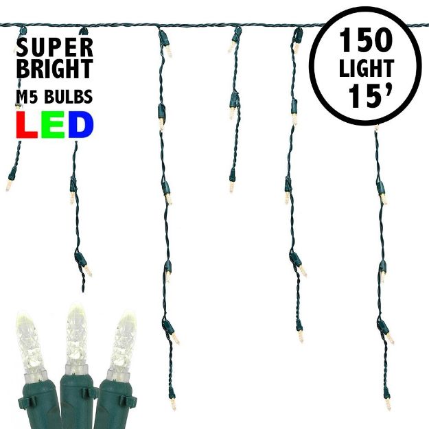 Warm White LED Icicle Lights on Green Wire 150 Bulbs