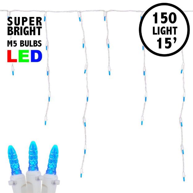 Blue LED Icicle Lights on White Wire 150 Bulbs