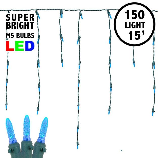 Blue LED Icicle Lights on Green Wire 150 Bulbs