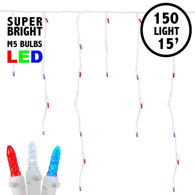 Red/White/Blue LED Icicle Lights on White Wire 150 Bulbs