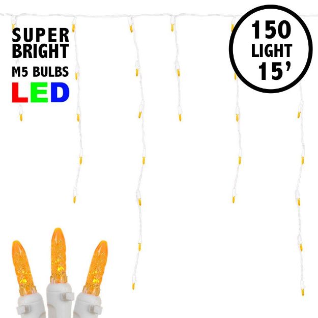 Orange (amber) LED Icicle Lights on White Wire 150 Bulbs