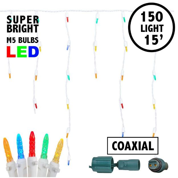 Coaxial Multi Color LED Icicle Lights on White Wire 150 Bulbs