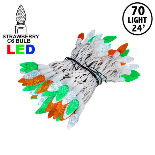 Green White and Orange 70 LED C6 Strawberry Mini Lights Commercial Grade on White Wire