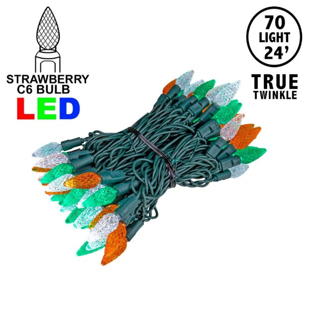 *NEW* TrueTwinkle® Green/White/Orange 70 LED C6 Strawberry Mini Lights Commercial Grade on Green Wire