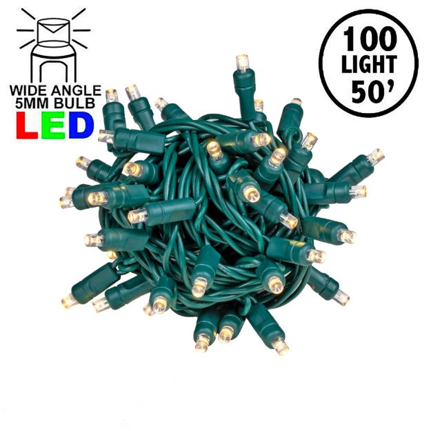 Commercial Grade Wide Angle 100 LED Old Color Warm White (19WW) 50' Long on Green Wire