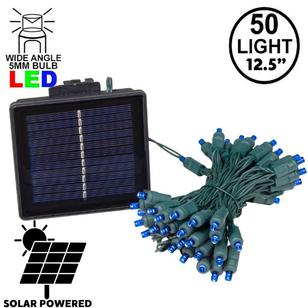 Blue LED Solar Powered Lights 50 Light String 3" Spacing Green Wire