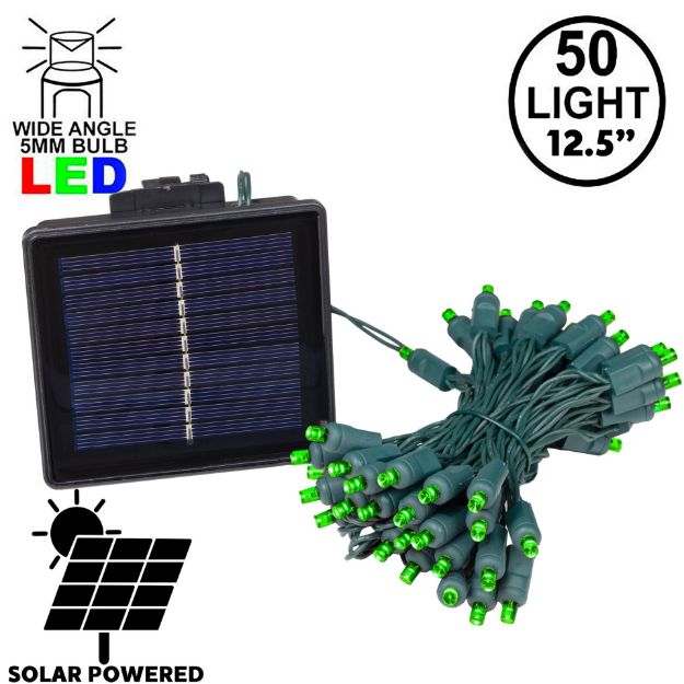 Green LED Solar Powered Lights 50 Light String 3" Spacing Green Wire