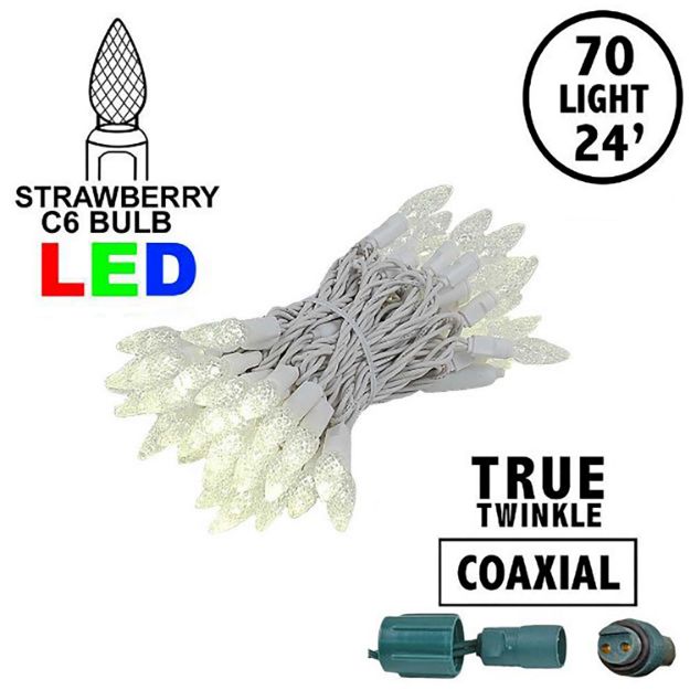 Coaxial *NEW* TrueTwinkle® Warm White 70 LED C6 Strawberry Mini Lights Commercial Grade on White Wire