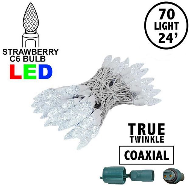 Coaxial *NEW* TrueTwinkle® Pure White 70 LED C6 Strawberry Mini Lights Commercial Grade on White Wire
