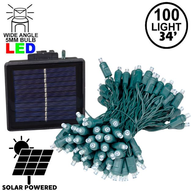 Pure White LED Solar Powered Lights 100 Light String 4" Spacing Green Wire