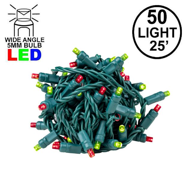 Commercial Grade Wide Angle 50 LED Red/Lime Green 25' Long on Green Wire