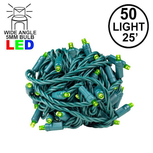 Commercial Grade Wide Angle 50 LED Lime Green 25' Long on Green Wire