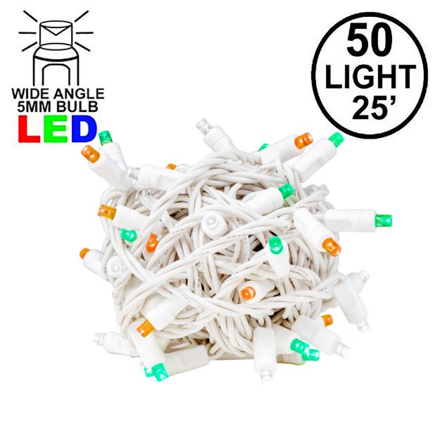 Commercial Grade Wide Angle 50 LED Green/White/Orange 25' Long on White Wire