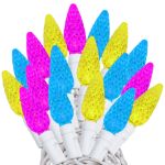 Yellow Teal Pink 70 LED C6 Strawberry Mini Lights Commercial Grade on White Wire