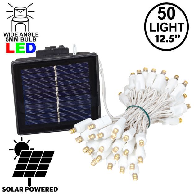 Warm White LED Solar Powered Lights 50 Light String 3" Spacing White Wire