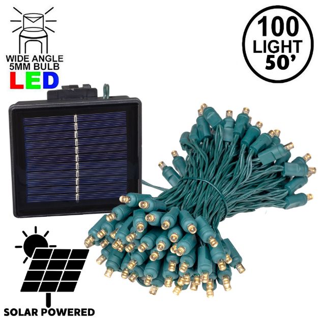 Warm White LED Solar Powered Lights 100 Light String 6" Green Wire