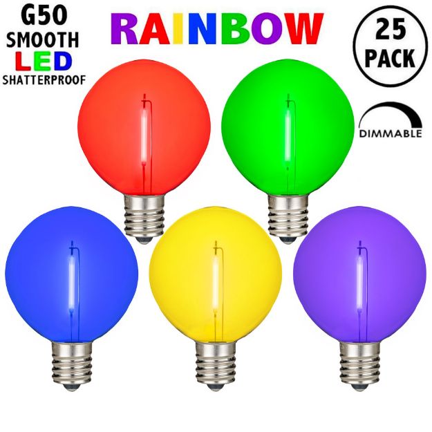 Rainbow Color LED G50 Plastic Filament LED Globe Bulbs - 25pk