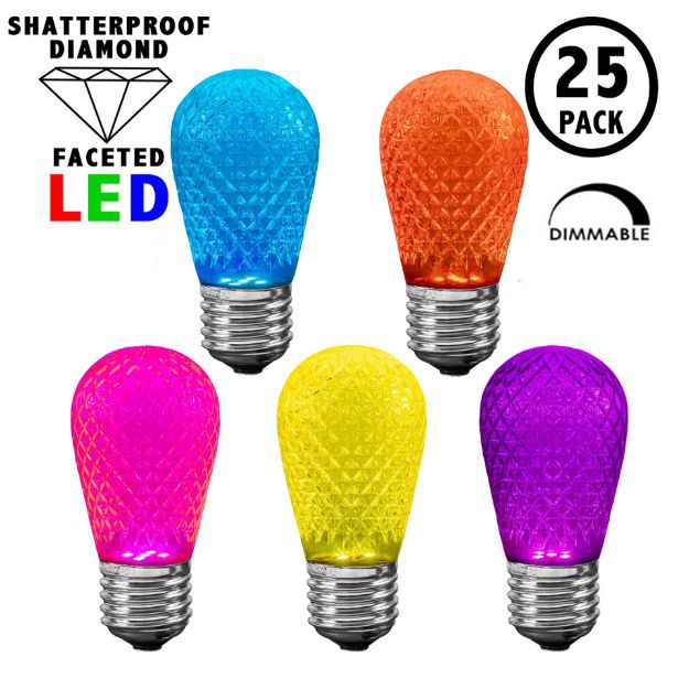 Modern Multi Color Diamond Faceted S14 LED Medium Base - 25pk
