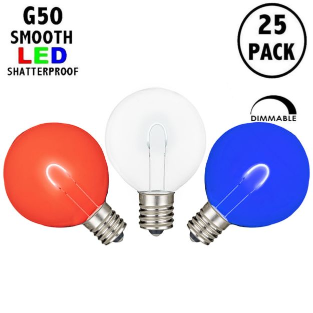 Red/White/Blue G50 U-Shaped LED Plastic Flex Filament Replacement Bulbs 25 Pack