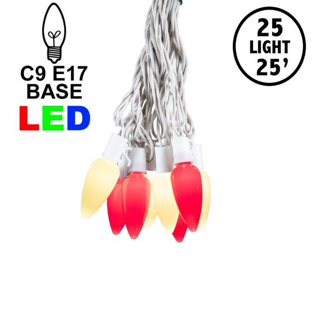 25 Red & Warm White Ceramic LED C9 Pre-Lamped String Lights White Wire
