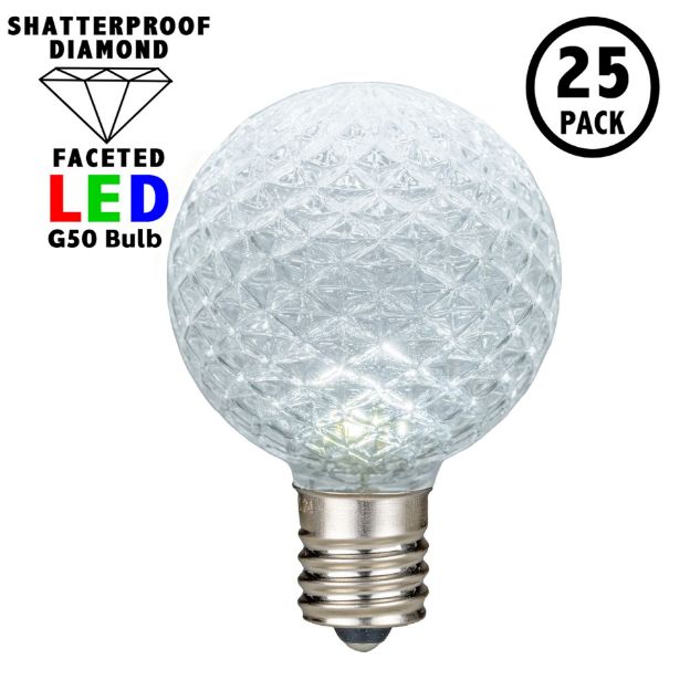 Pure White Diamond Faceted LED G50 Globe Bulbs - 25pk