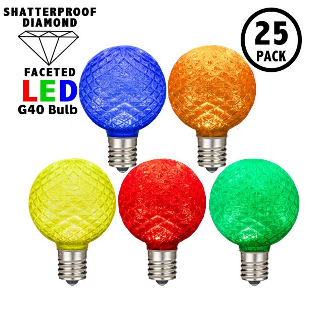 Multi Color Diamond Faceted LED G40 Globe Bulbs - 25pk