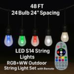 48' RGBWW 24 LED S14 Patio Light String 24" Spacing w/Remote - Black Wire