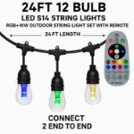 24' RGBWW 12 LED S14 Patio Light String 24" Spacing w/Remote - Black Wire