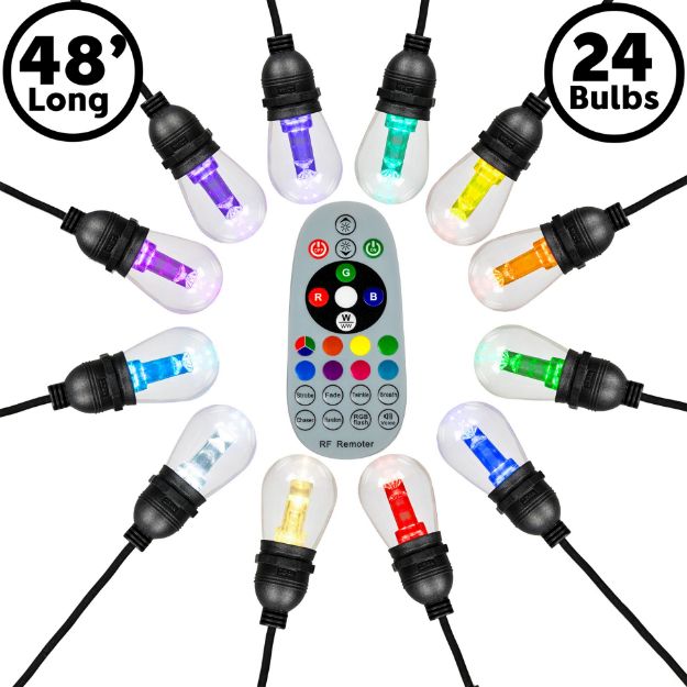 48' RGBWW 24 LED S14 Patio Light String 24" Spacing w/Remote - Black Wire