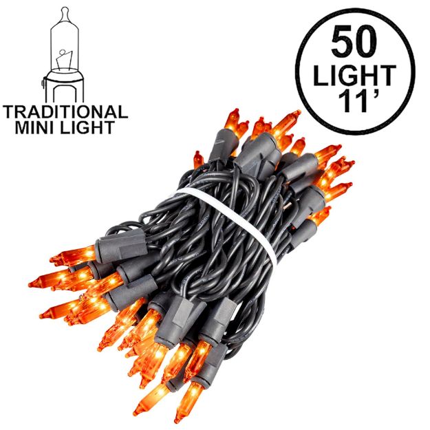 Black Wire Orange Christmas Mini Lights 50 Light 11 Feet Long